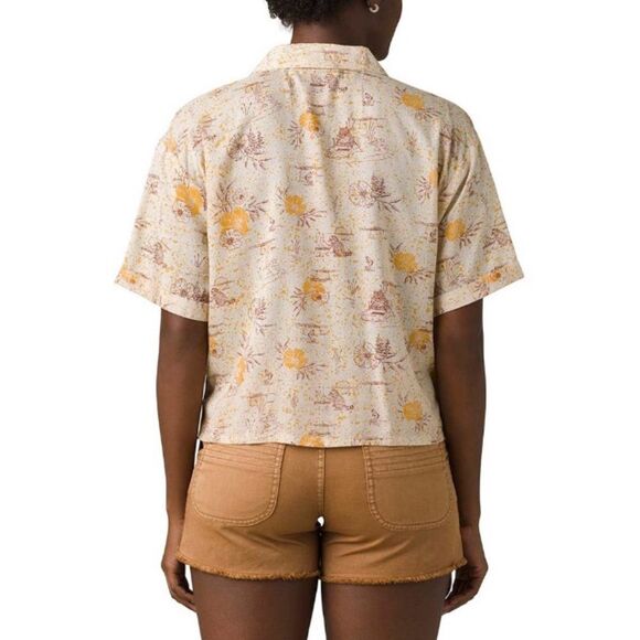 PrAna Shirt Womens Large Beige Iguala Cropped Short Sleeves Boxy Bears Raccoon - Picture 11 of 16